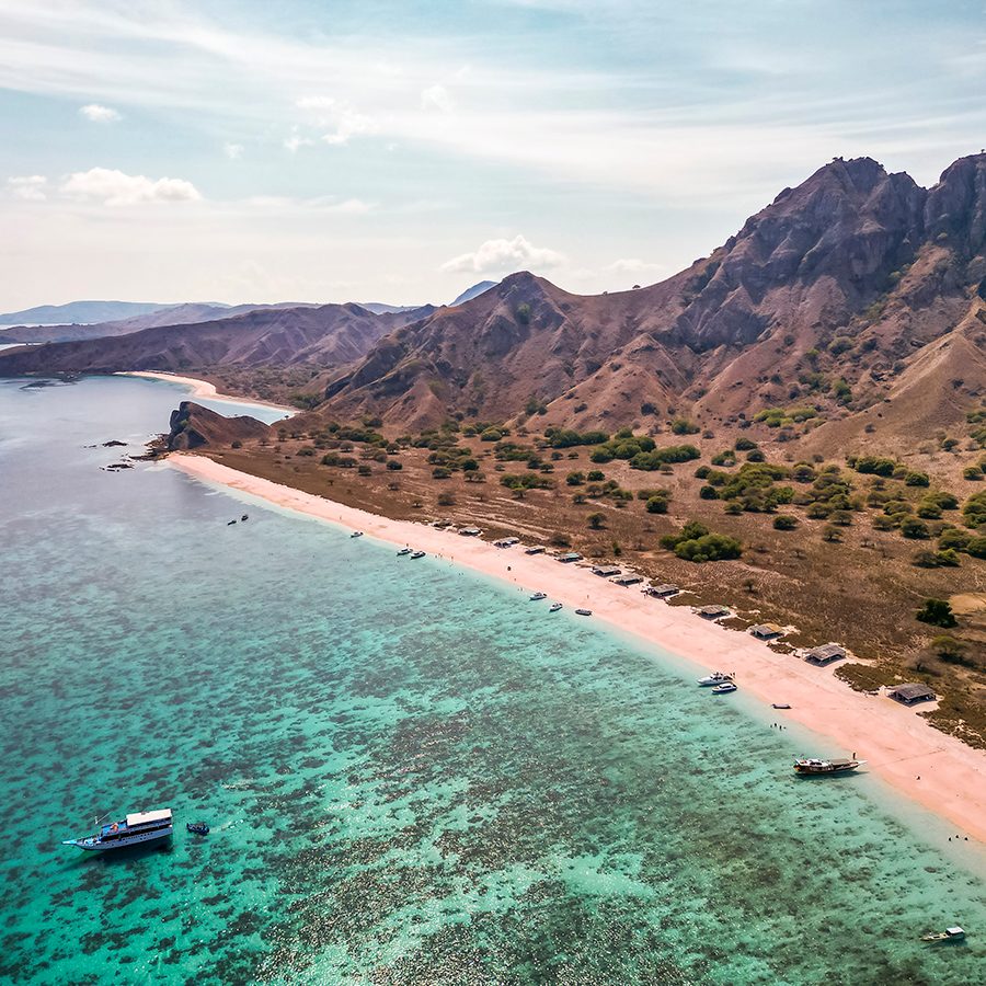 A bird’s eye view of Komodo National Park’s pink beach in Indonesia.