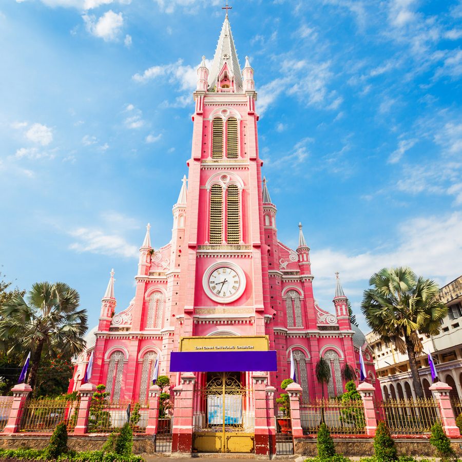 A street view of the exterior of Ho Chi Minh City’s pink church on a sunny day in Saigon.