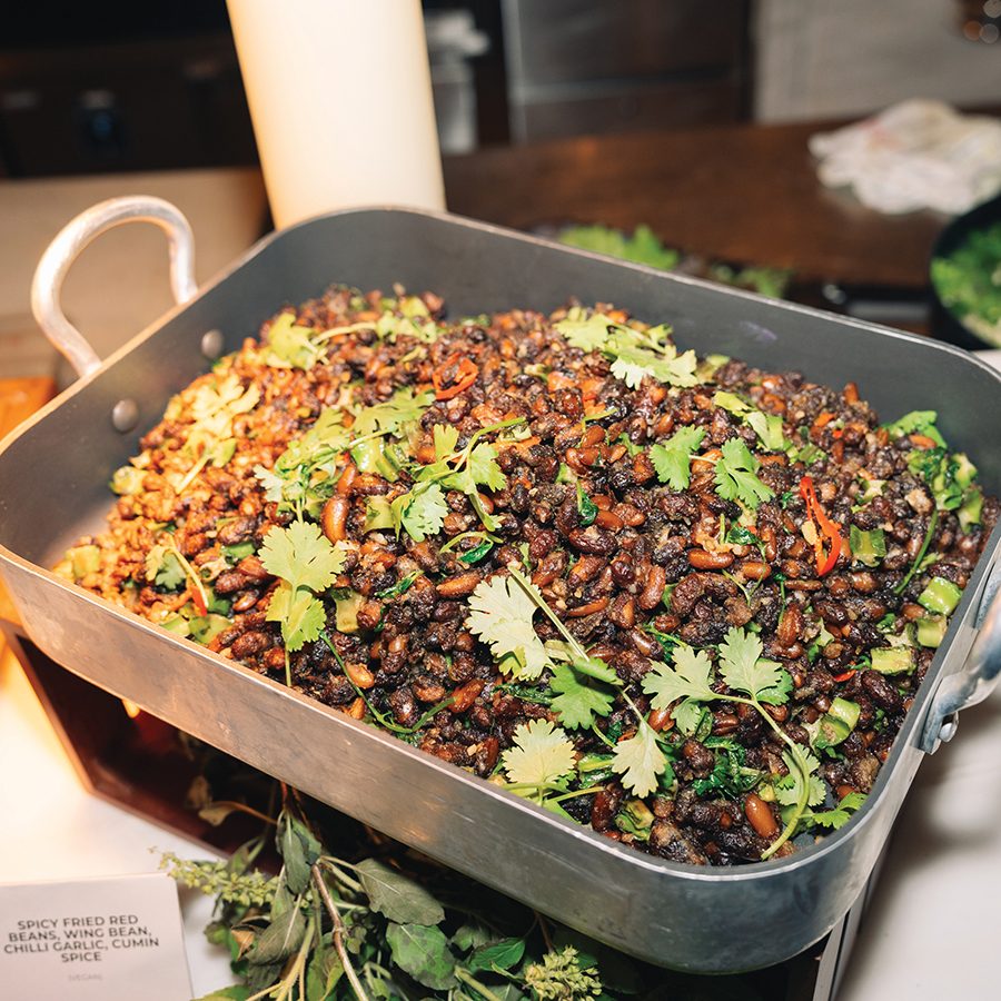 A pan of fried beans at The Rescued Feast 3.0.
