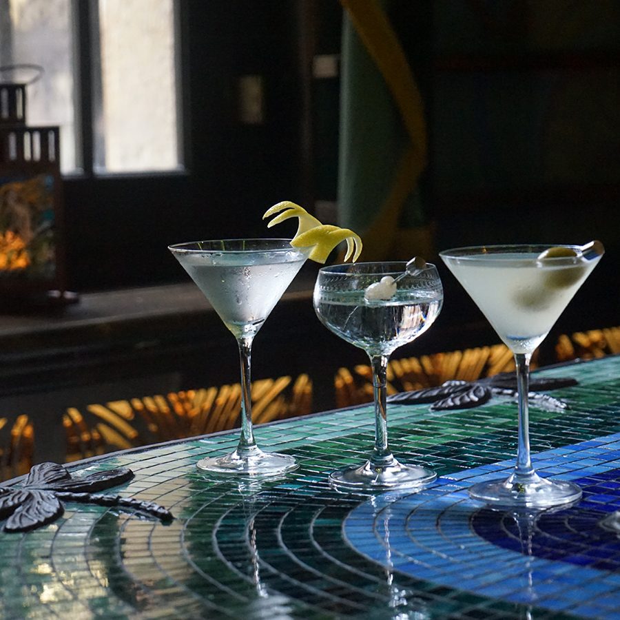 Martini and cocktail glasses lined up at Dragonfly