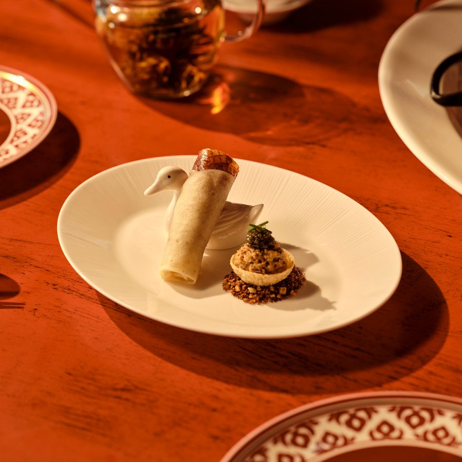 A Peking duck dish at Janu Tokyo uses typically unused meat of a Peking duck to reduce food waste. 