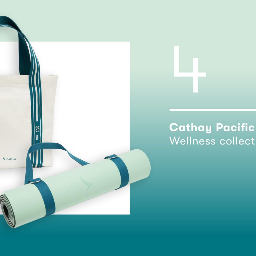 Shot of a Cathay Pacific tote and a Cathay Pacific workout mat.
