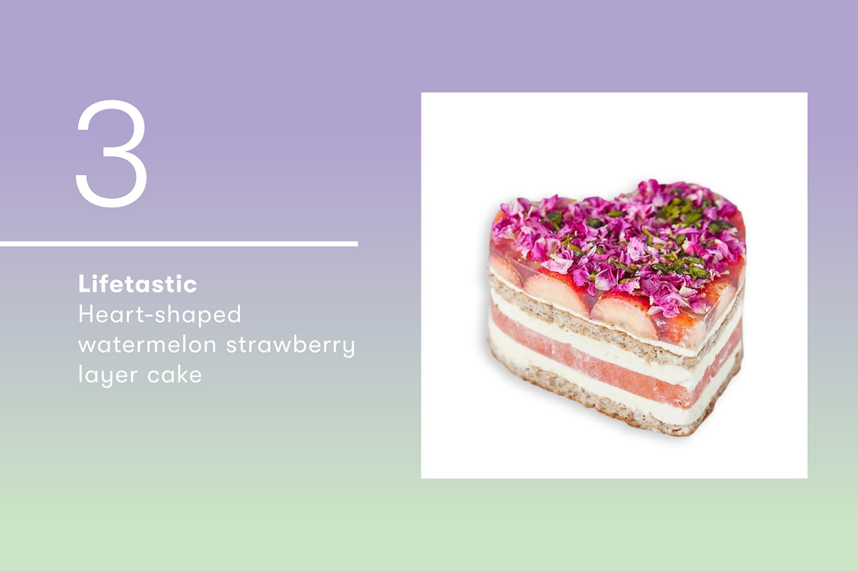 Shot of the Heart-shaped watermelon strawberry layer cake by Lifetastic.