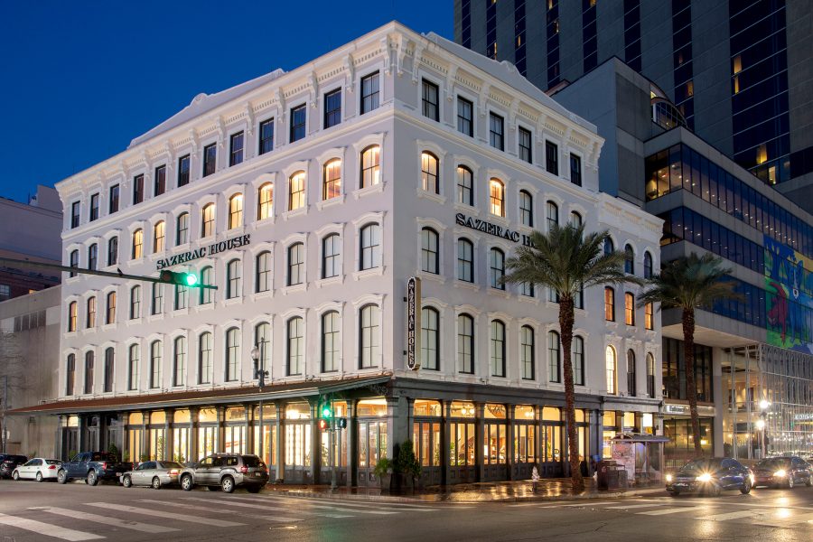 The Sazerac House in New Orleans at twilight.