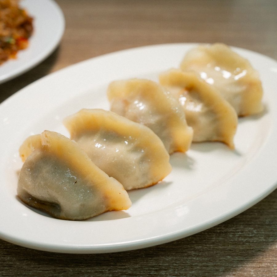 A closeup of pan-fried steamed halal dumplings at Islam Food halal Chinese restaurant in Kowloon City.