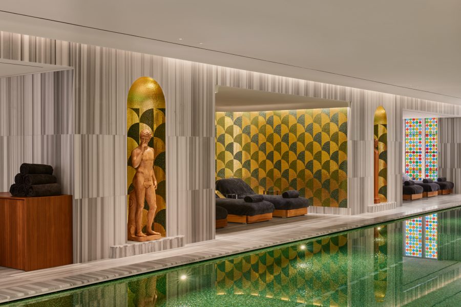 An interior view of the modern designs of the indoor swimming pool at Bulgari Hotel Roma in Rome. 