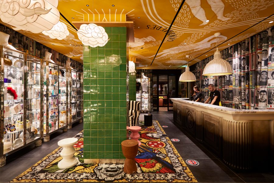 An interior view of the vibrant urban Italian decor at Mama Shelter Bar in Prati, Rome.