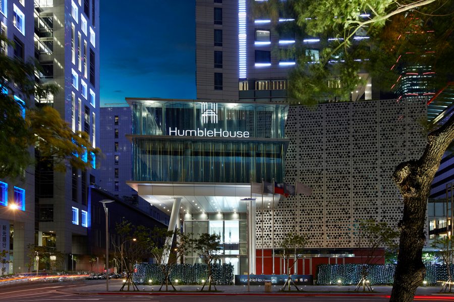 Exterior shot of Humble House at night.