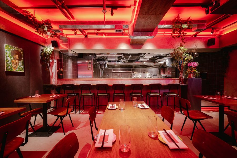 Red Interior of the dining area at Golden Gip, Hong Kong