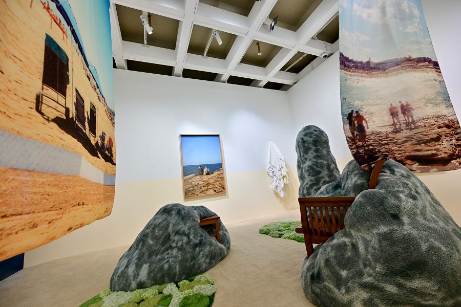 Installation of rocks and artworks at the Cézanne and Renoir Looking at the World exhibition.