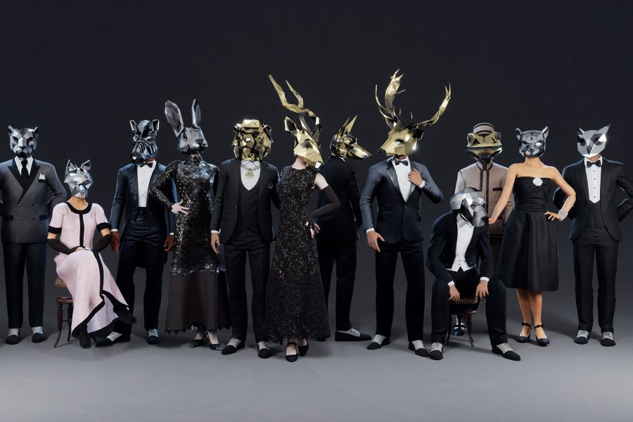 Performers from Le Bal de Paris wearing geometric animal masks and formalwear.