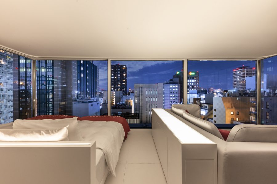 View from a bedroom at the Cuvée J2 Hôtel Osaka overlooking the city.