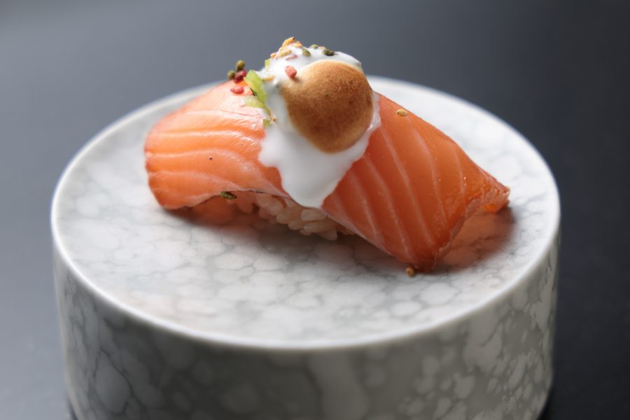 Close up of sushi nigiri being served at the Cuvée J2 Hôtel Osaka.