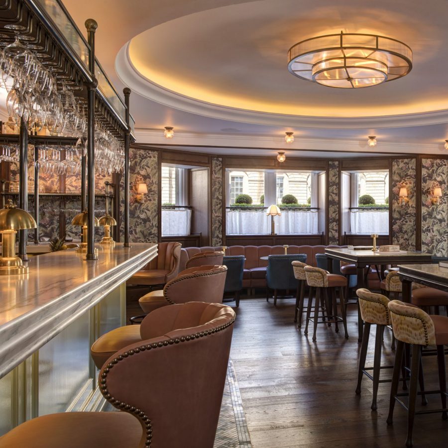 Interior view of the bar at The Balmoral with its domed light fixture.