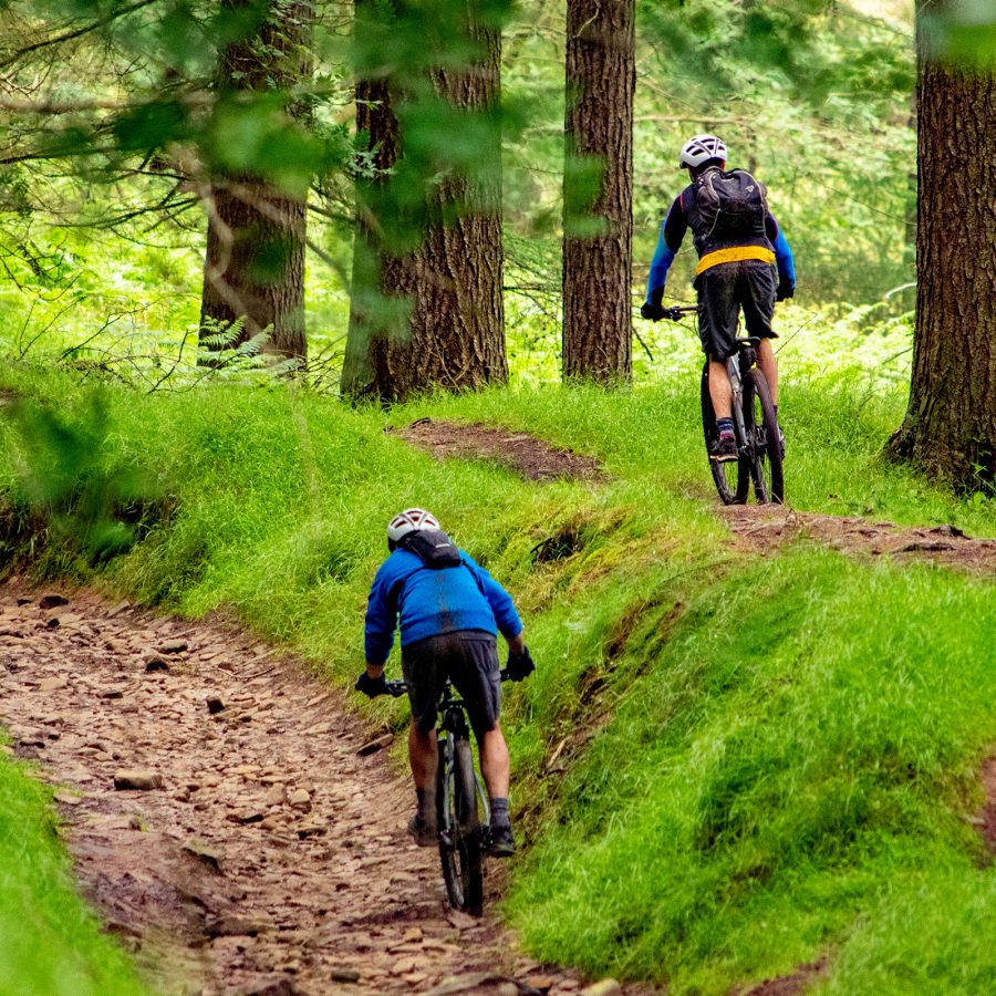 Two people cross-country biking in the UK.