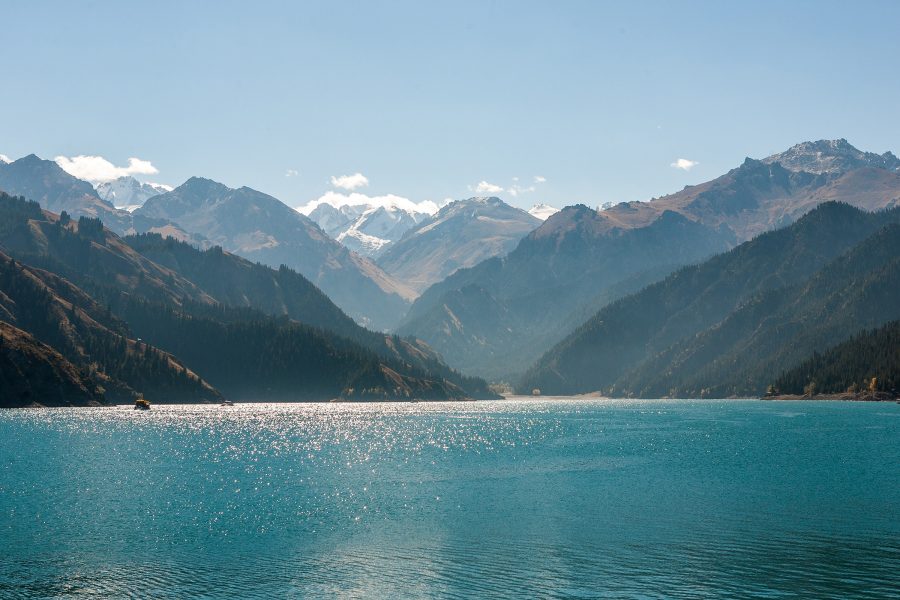 The Tianshan Tianchi Lake with mountains in the background. 