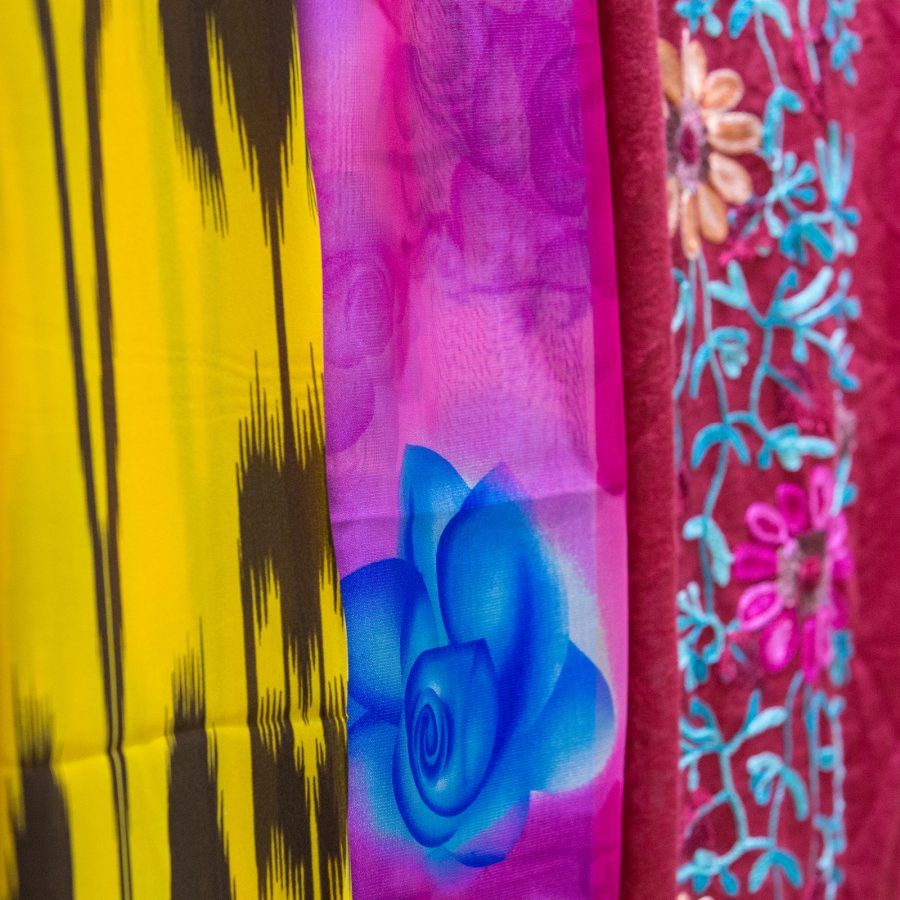 Close-up of colourful patterned Atlas silk.