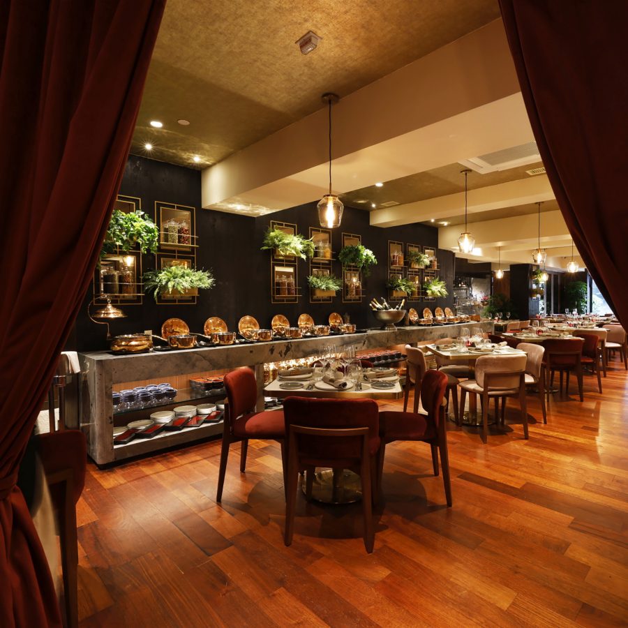 Interior view of the buffet and dining area at Bombay Dreams, Hong Kong. 