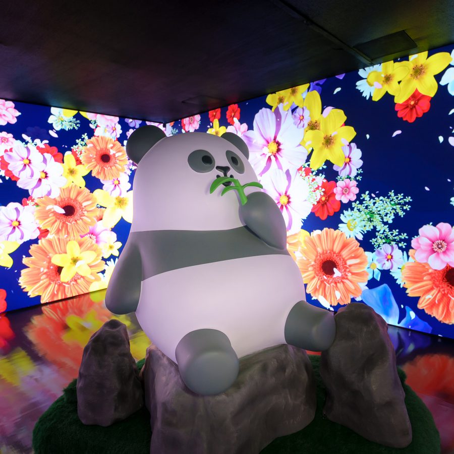 A panda statue sitting on a rock with a flower LED art display in the backdrop at the Ocean Park Panda Delights exhibition. 
