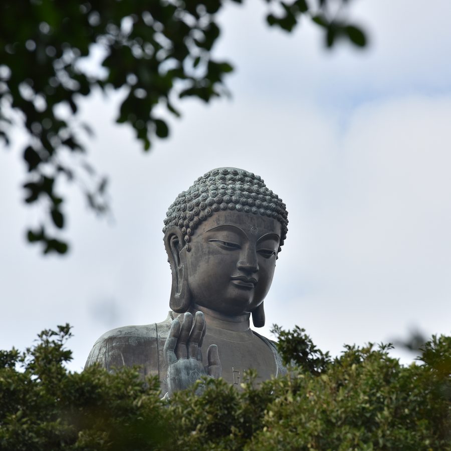 A view of the head of the Big Buddha seen from a distance through trees during daytime. 