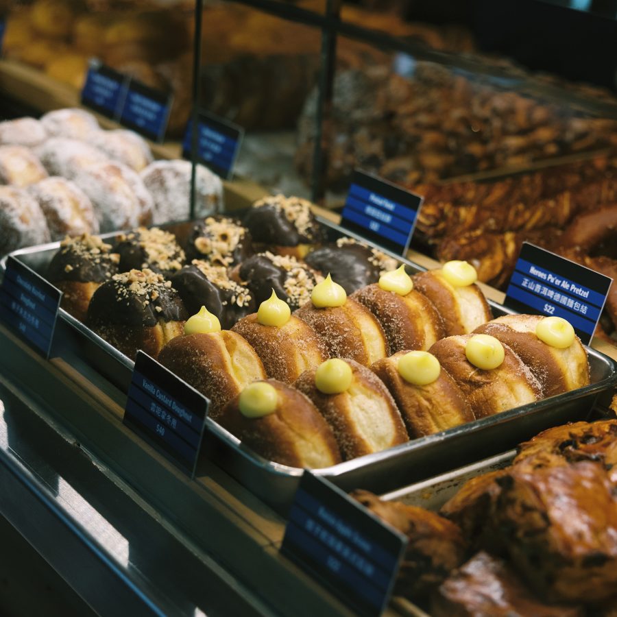 Shot of rows of doughnuts at Vission Bakery in Hong Kong.  