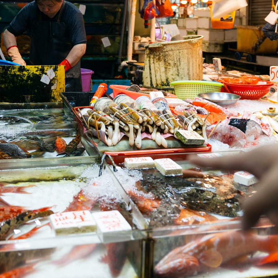 An assortment of fresh seafood in fish tanks at Ap Lei Chau Market and Cooked Food Centre. 