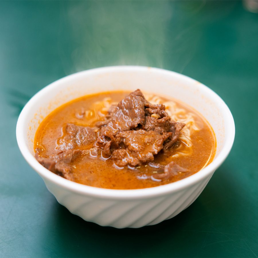 A bowl of satay beef noodles from Lok Yuen at Kowloon City Market and Cooked Food Centre. 