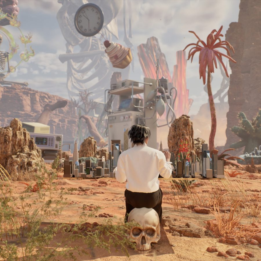 Still image from Lu Yang’s DOKU the Creator portraying a lone figure in a fantastical desert landscape. 