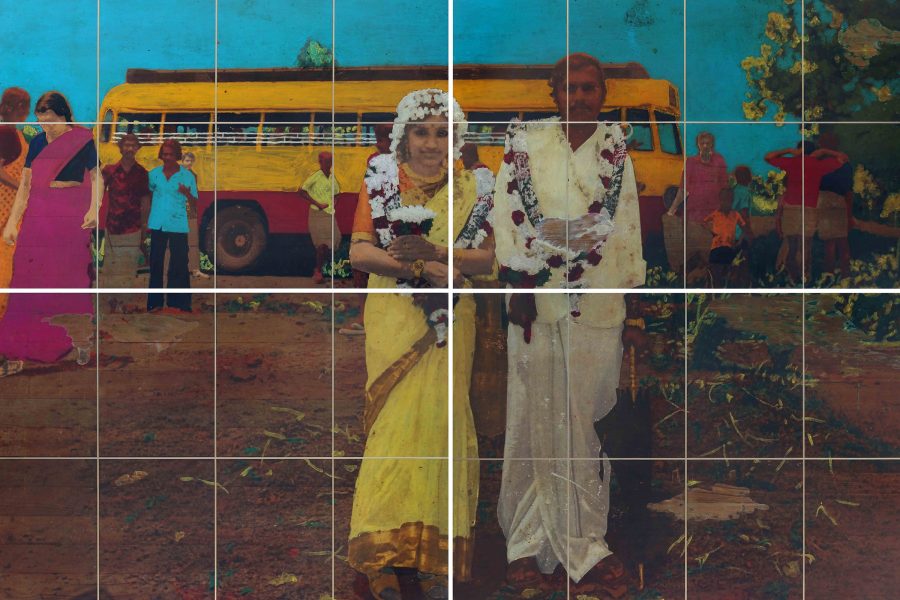Saju Kunhan’s 11th May 1980 Wedding Day #1, a colour transfer portraying the bride, groom, and guests at a wedding. 