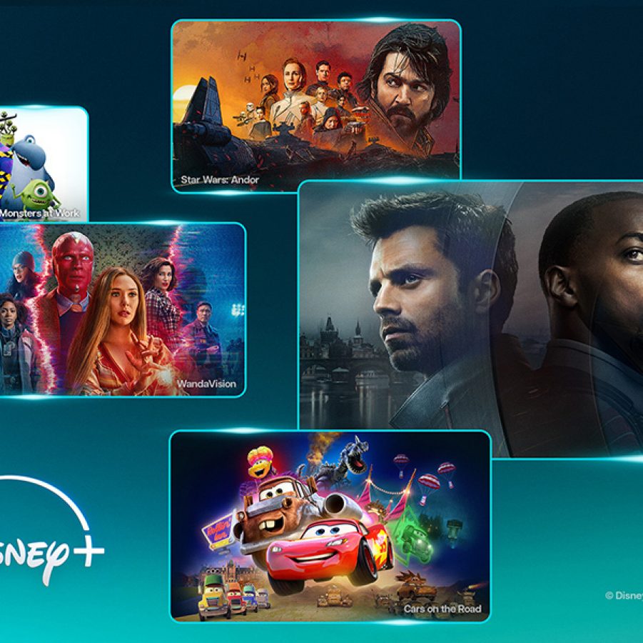A collage of different Disney+ titles including characters from the Cars, Marvel, Star Wars and Monsters Inc. franchises
