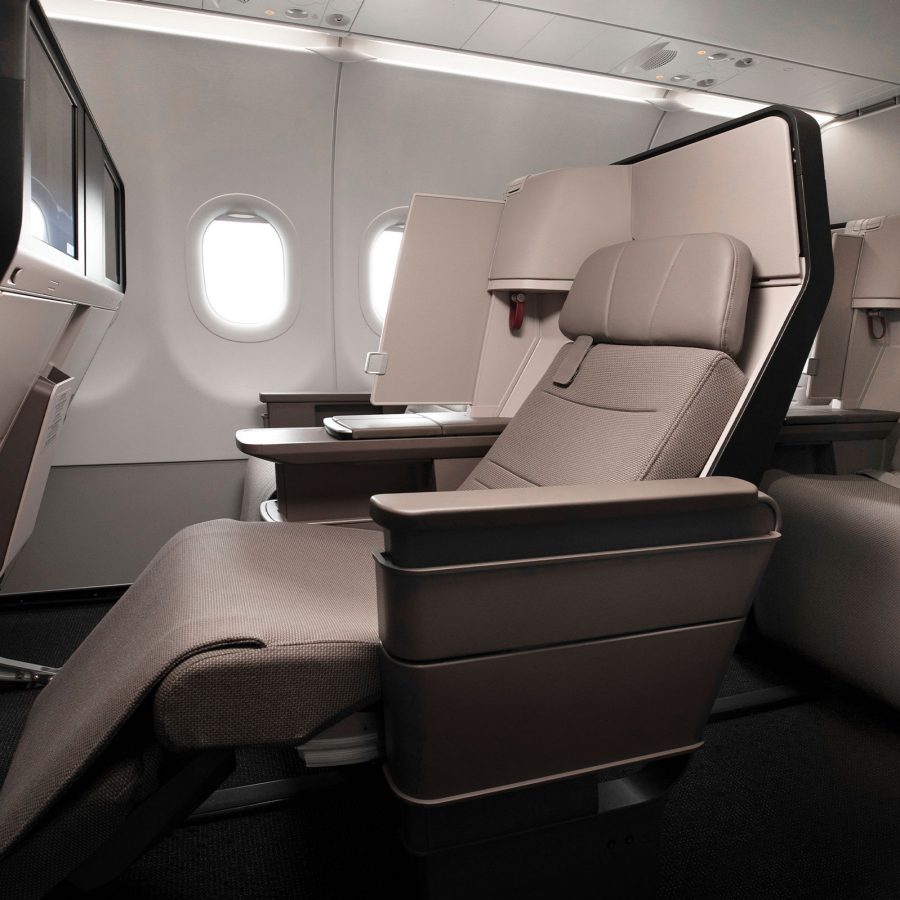 Seats in a Cathay Pacific plane
