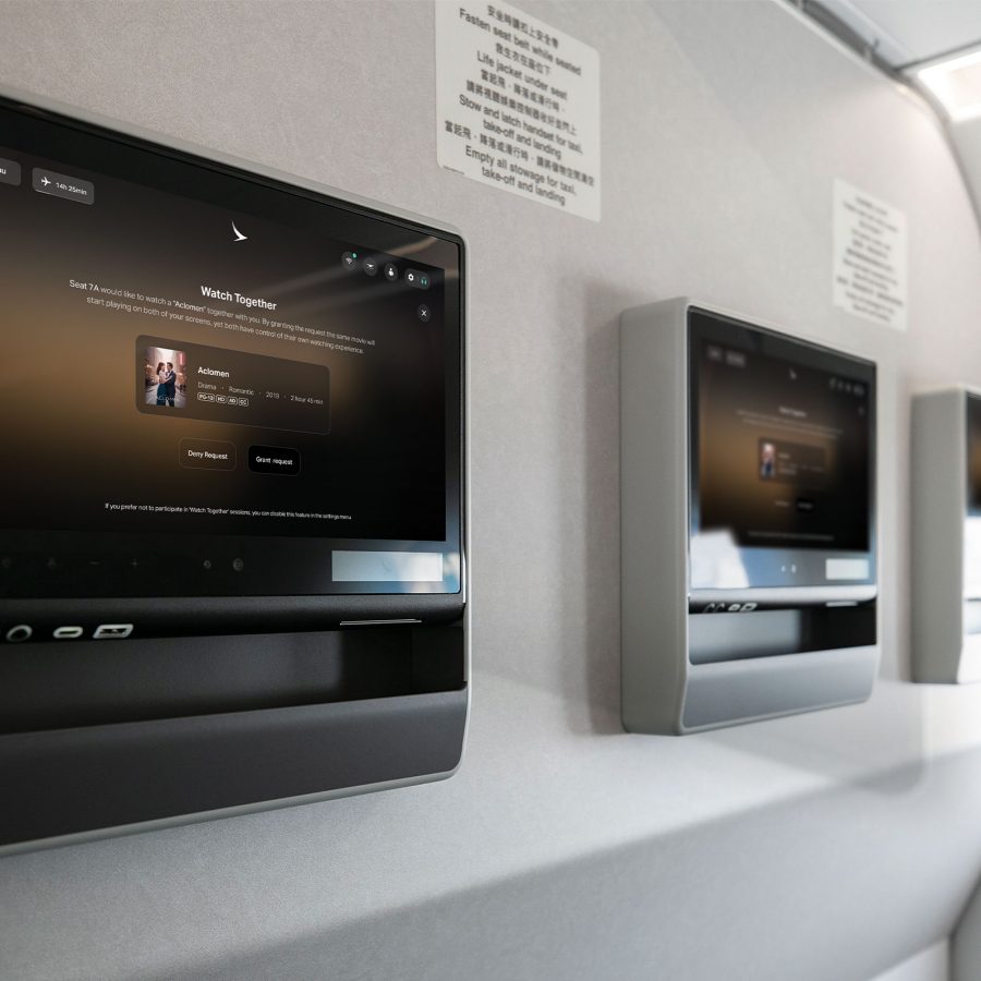 Close up of television screens in a Cathay Pacific plane