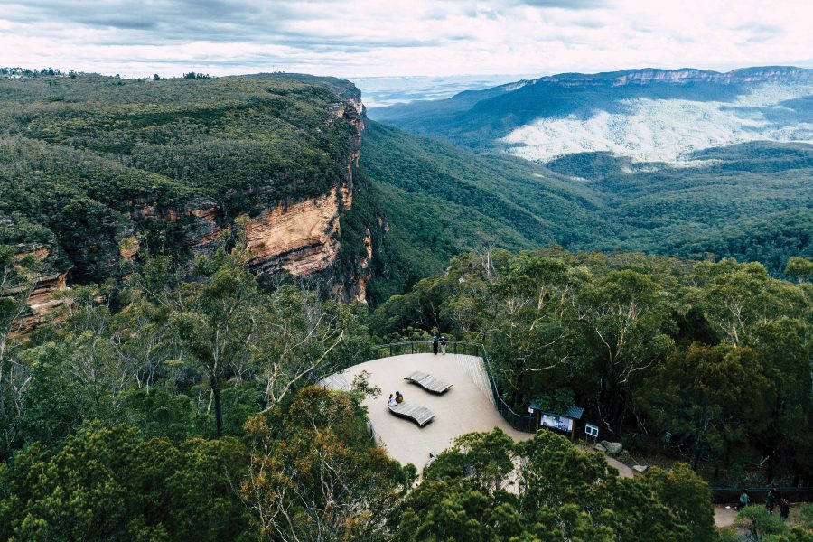 A bird’s eye view of Wentworth Falls along the Grand Cliff Top Walk trail in the Blue Mountains region of New South Wales, Australia.