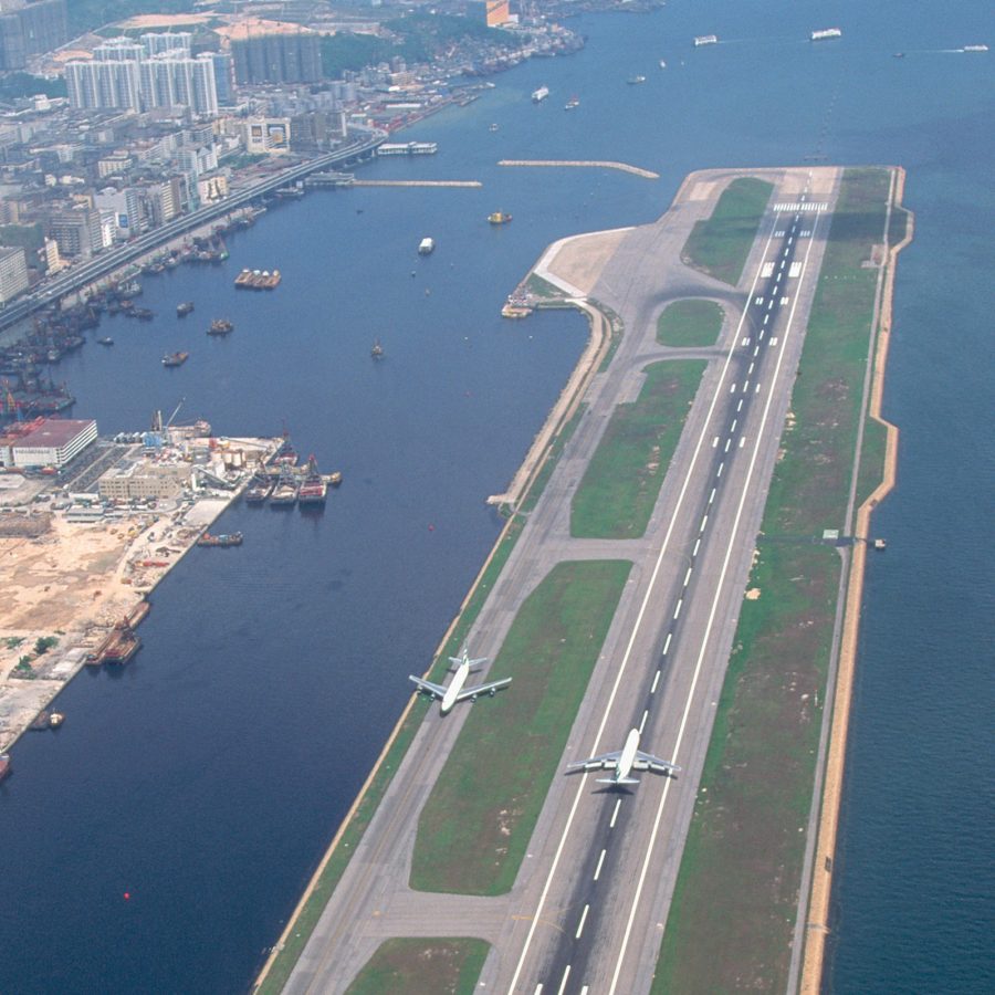 A bird’s eye view of the runway surrounded by sea at the old Kai Tak Airport in Hong Kong.