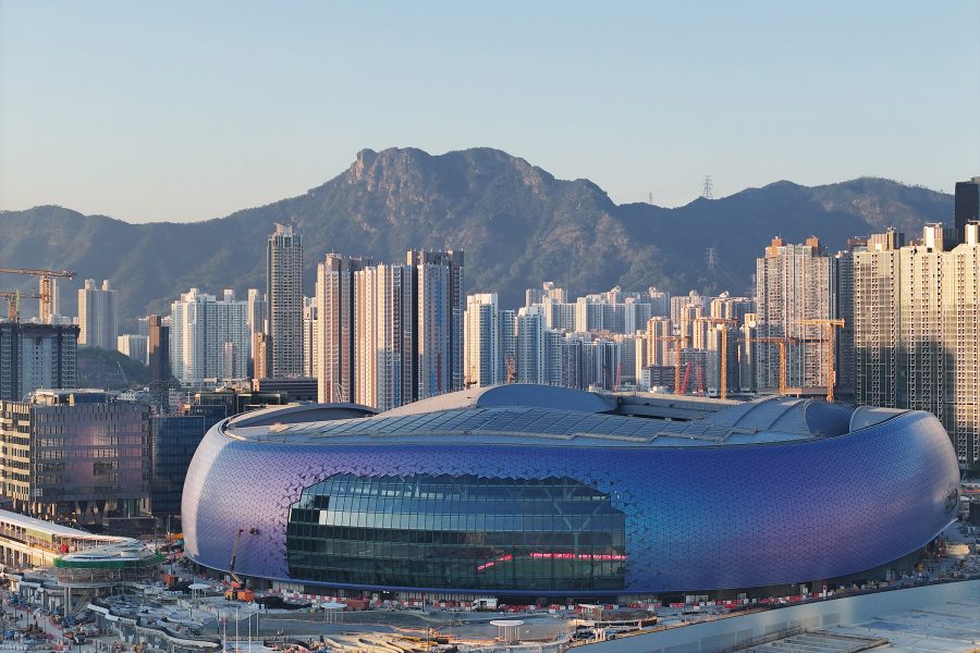 A view of the buildings surrounding Kai Tak Sports Park and Kai Tak MTR station in Hong Kong.