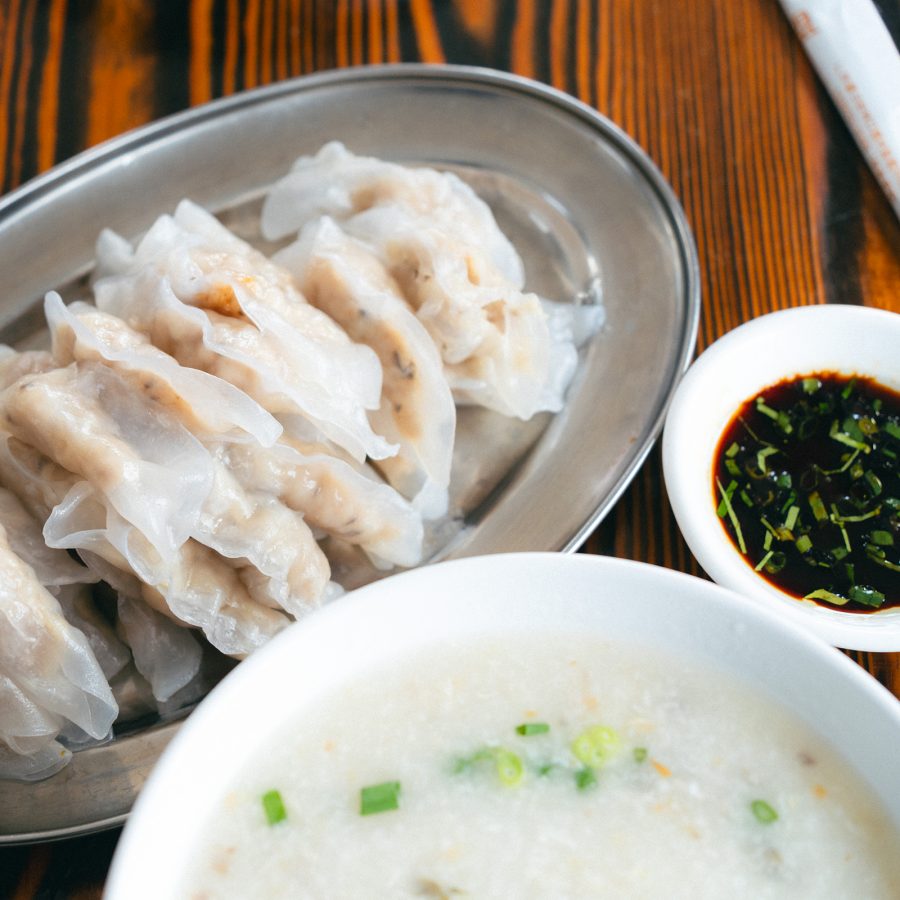  Fish skin dumplings on a silver plate.