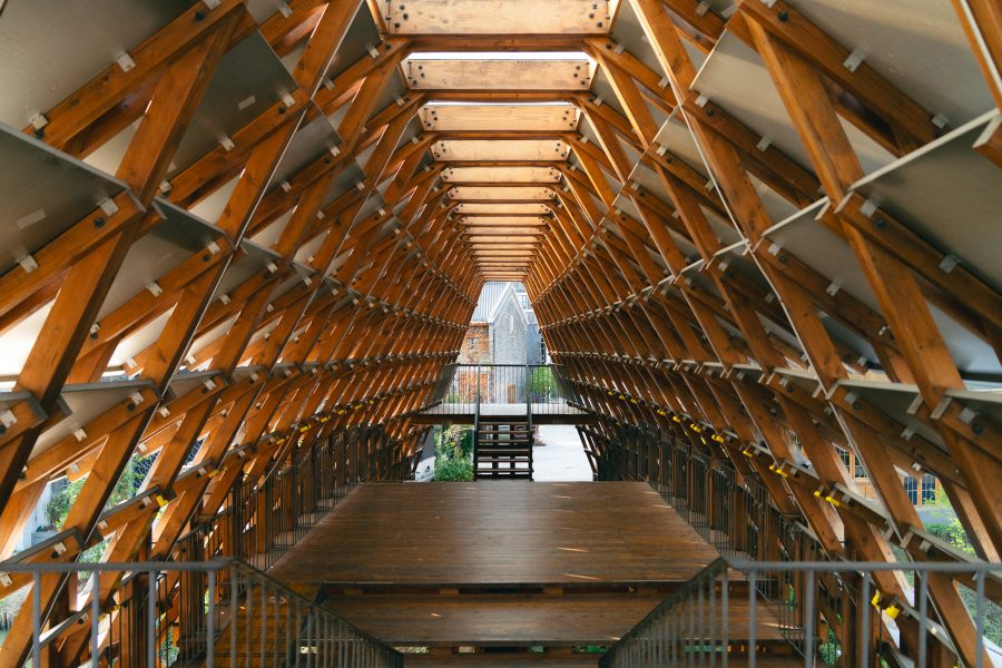 An interior view of the wooden Qiao Yi Bridge
