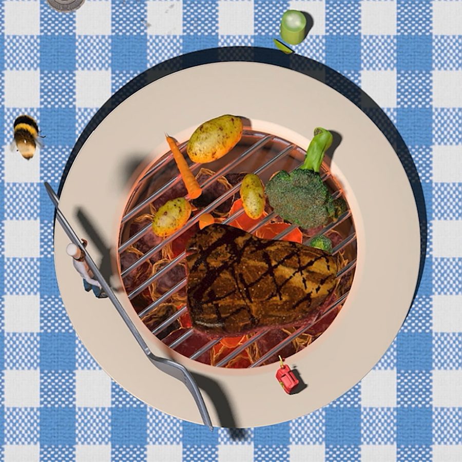 A beef steak and vegetables on a barbecue at Le Petit Chef, Hong Kong.     