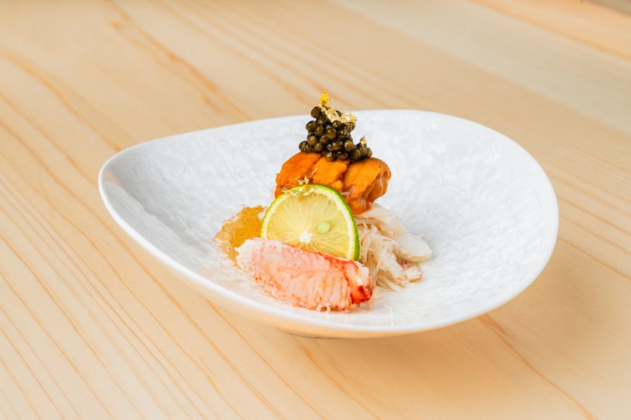 Sea urchin with caviar and crab at Niwa, Hong Kong.