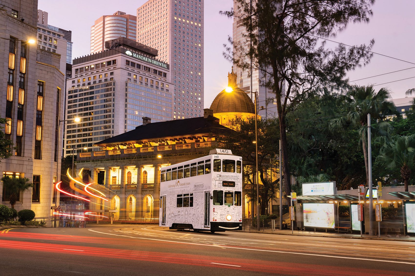 A tram driving through Central in Hong Kong