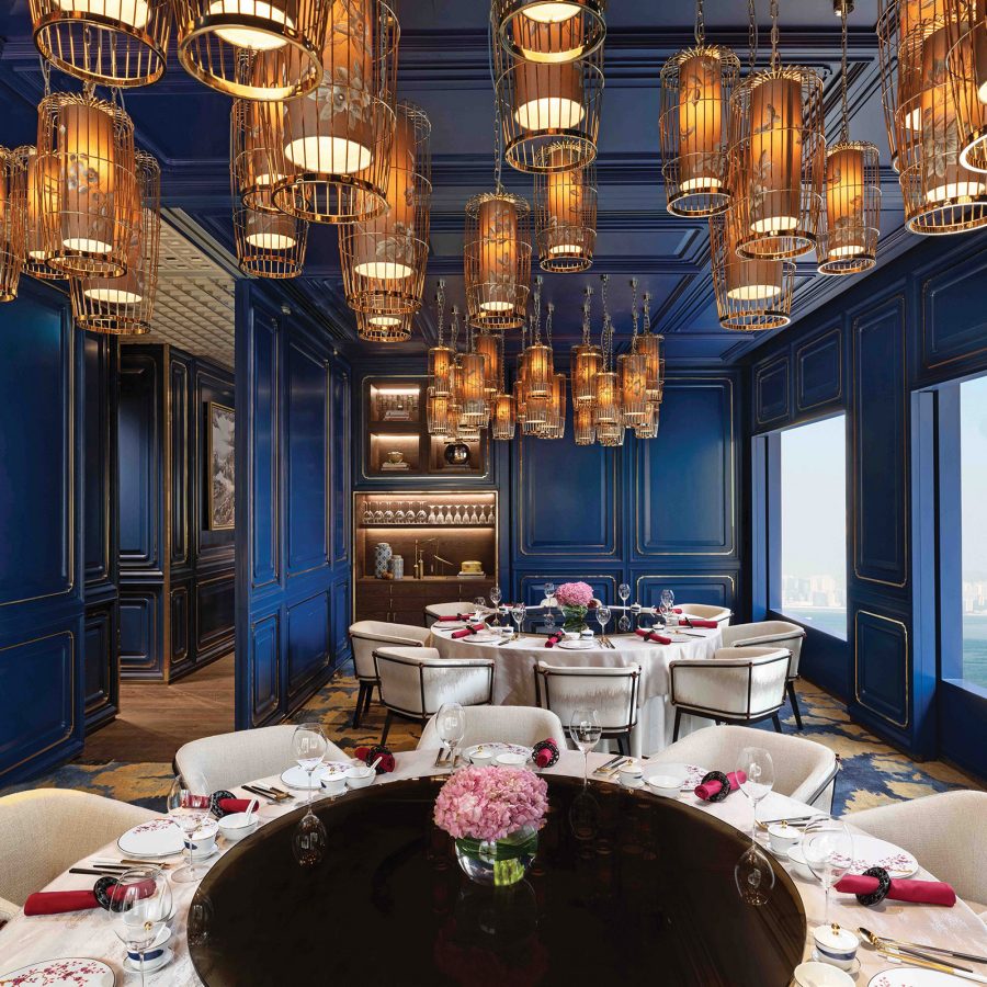 A view of a blue dining room at the Mandarin Oriental Hong Kong