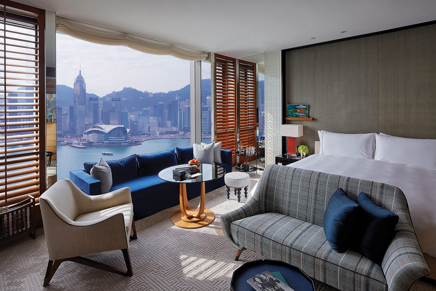 View of a hotel room in the Rosewood Hong Kong with a view of Hong Kong Harbour
