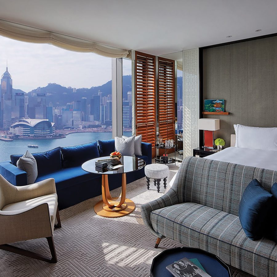 View of a hotel room in the Rosewood Hong Kong with a view of Hong Kong Harbour