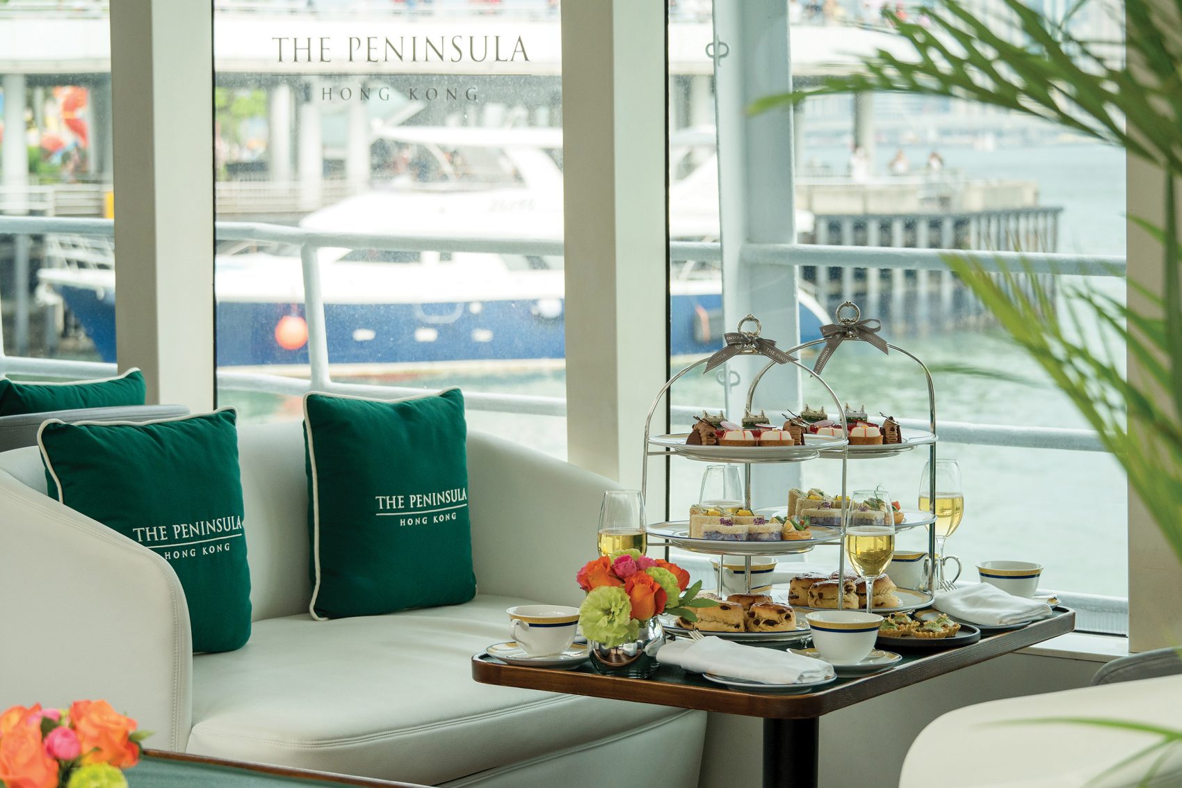 A shot of an afternoon tea set aboard the Peninsula World Star Ferry