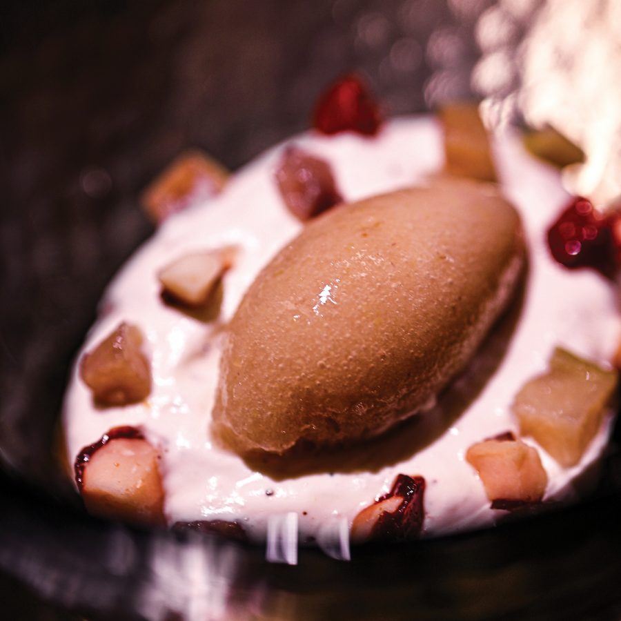 Close up shot of a guava cashew dessert at a Bankgok restaurant