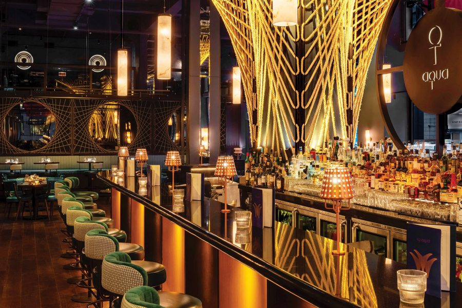 A view of the glamorous interiors and Aqua Spirits Bar at Aqua New York restaurant
