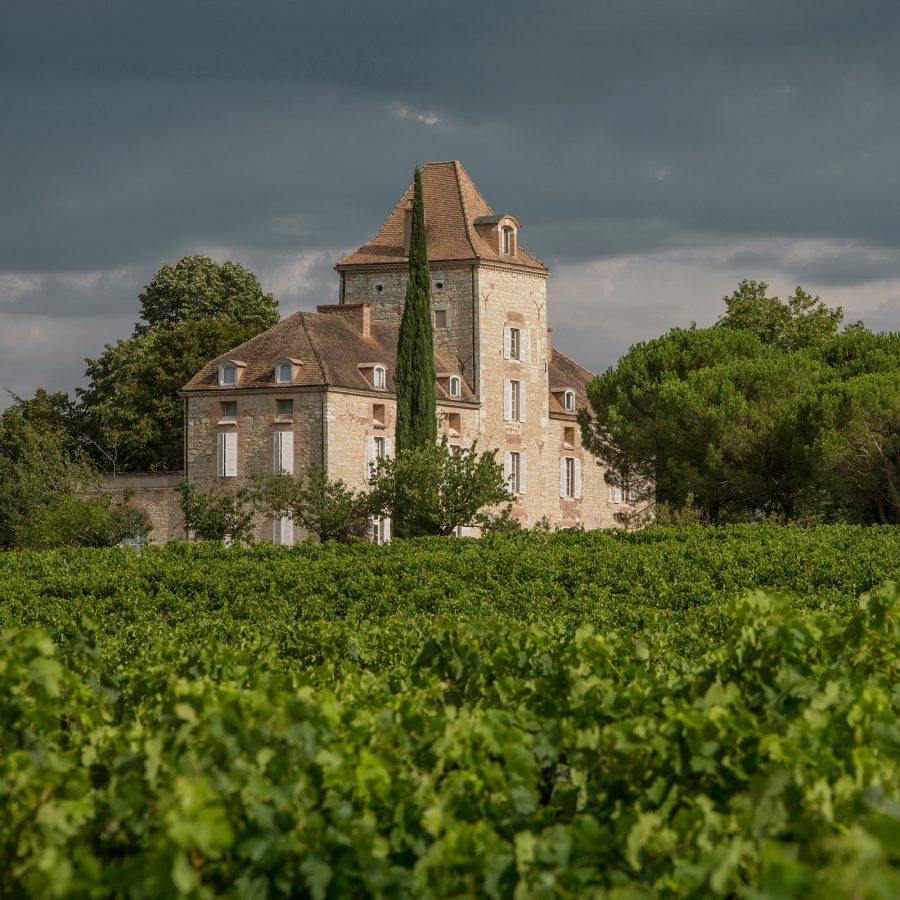 A traditional French villa is surrounded a lush green vineyard at Château de Haute-Serre in Côtes du Lot, France.
