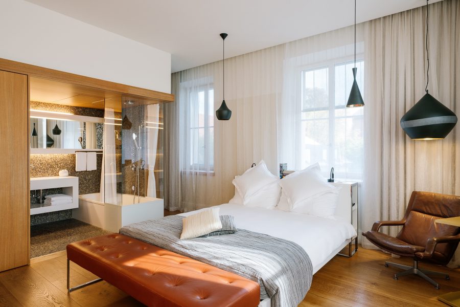 An interior view of the bedroom suite at B2 Hotel in Switzerland.