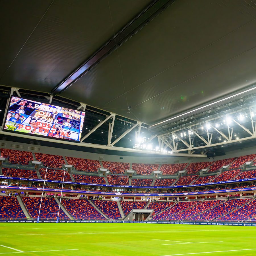 View of the interior of the Kai Tak Sports Park stadium where the Rugby Sevens will be held