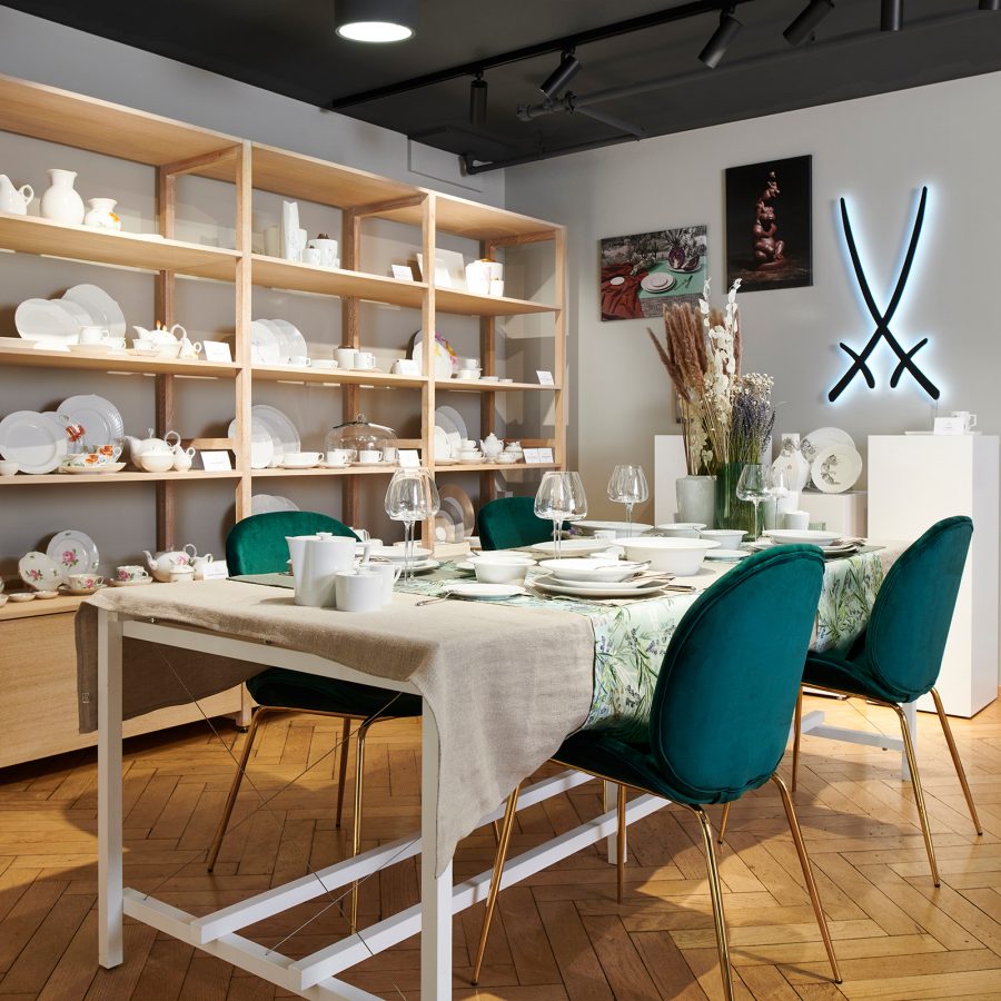 View of the interiors of Kustermann and ceramics on display.